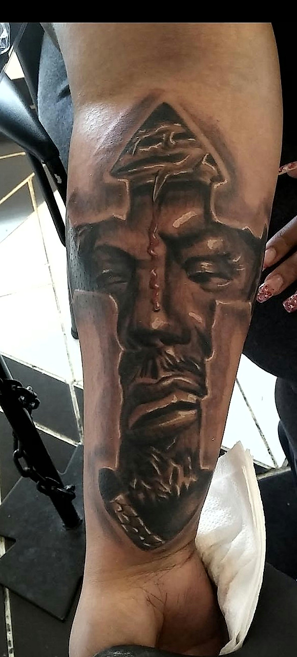 Black and grey portrait tattoo by G Creation Art